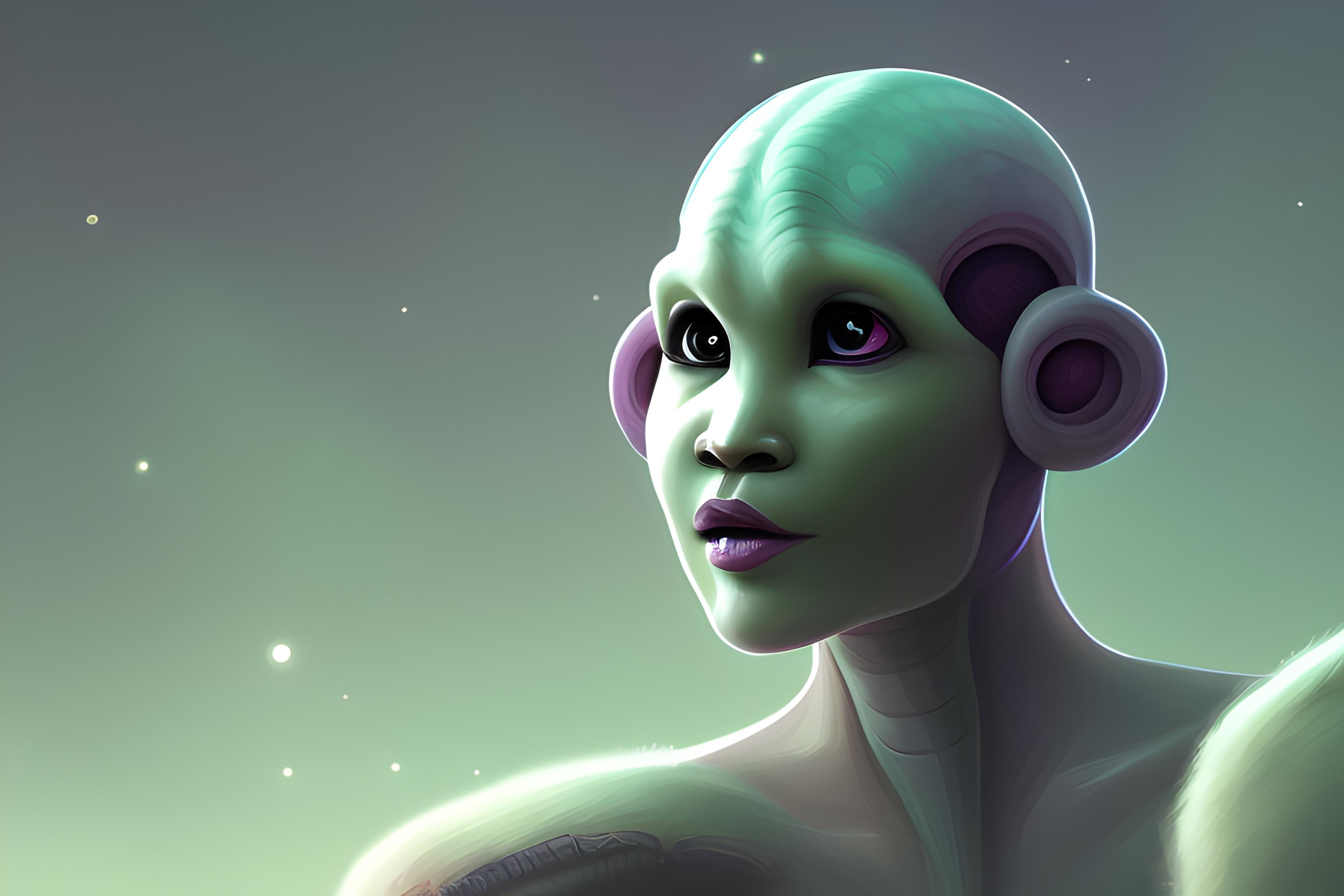 Un twi'lek la nuit, éclairé par des néons verts, le regard profond